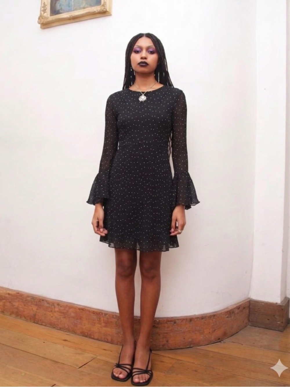 Hello Molly Polka Dot Bell Sleeve Romantic Whimsigoth Mini Dress in Black Size M